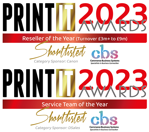 2 Print IT award banners, showing that CBS have been shortlisted for reseller of the year 2023 and service team of the year 2023.