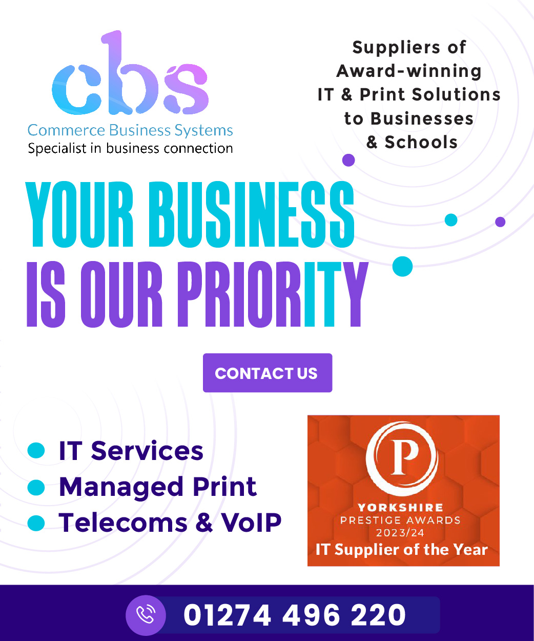 Commerce Business Systems Ltd - Front page info panel showing a your business is our priority and the services we provide, including IT, managed print and Telecomms.