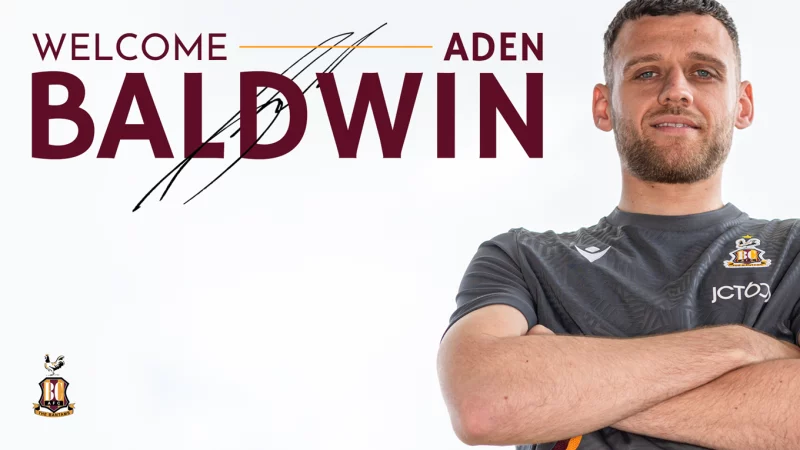 A banner to welcome Aden Baldwin to the Bradford City AFC team for the 2024 to 2025 campaign.