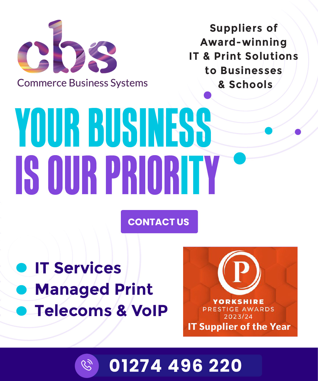 Commerce Business Systems Ltd - Front page info panel showing a your business is our priority and the services we provide, including IT, managed print and Telecomms.